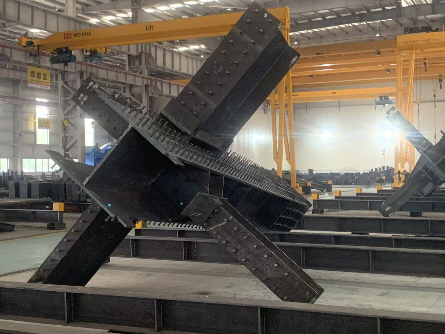 Welded box girder junction with stiffeners during fit-up in the assembly bay
