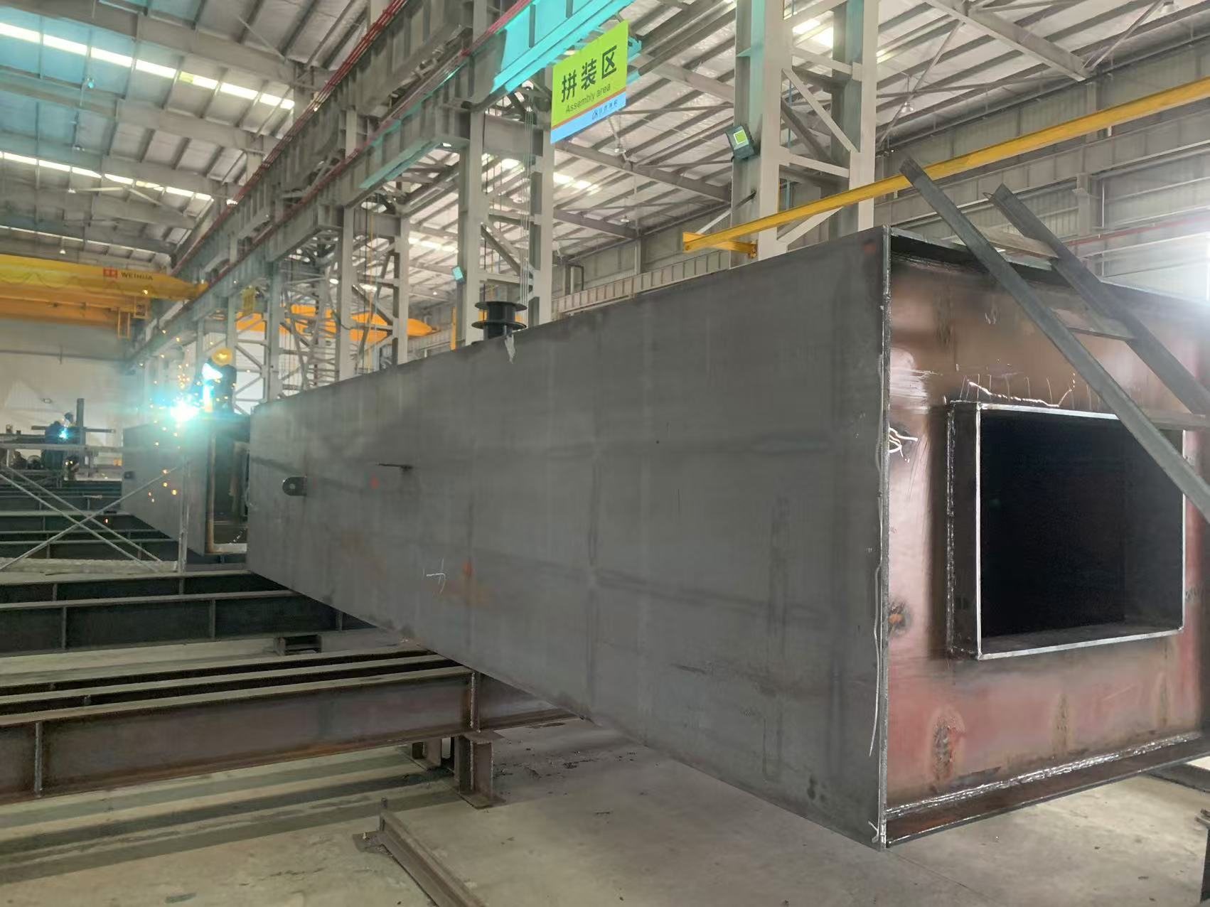 Large welded steel box girder section in the assembly bay